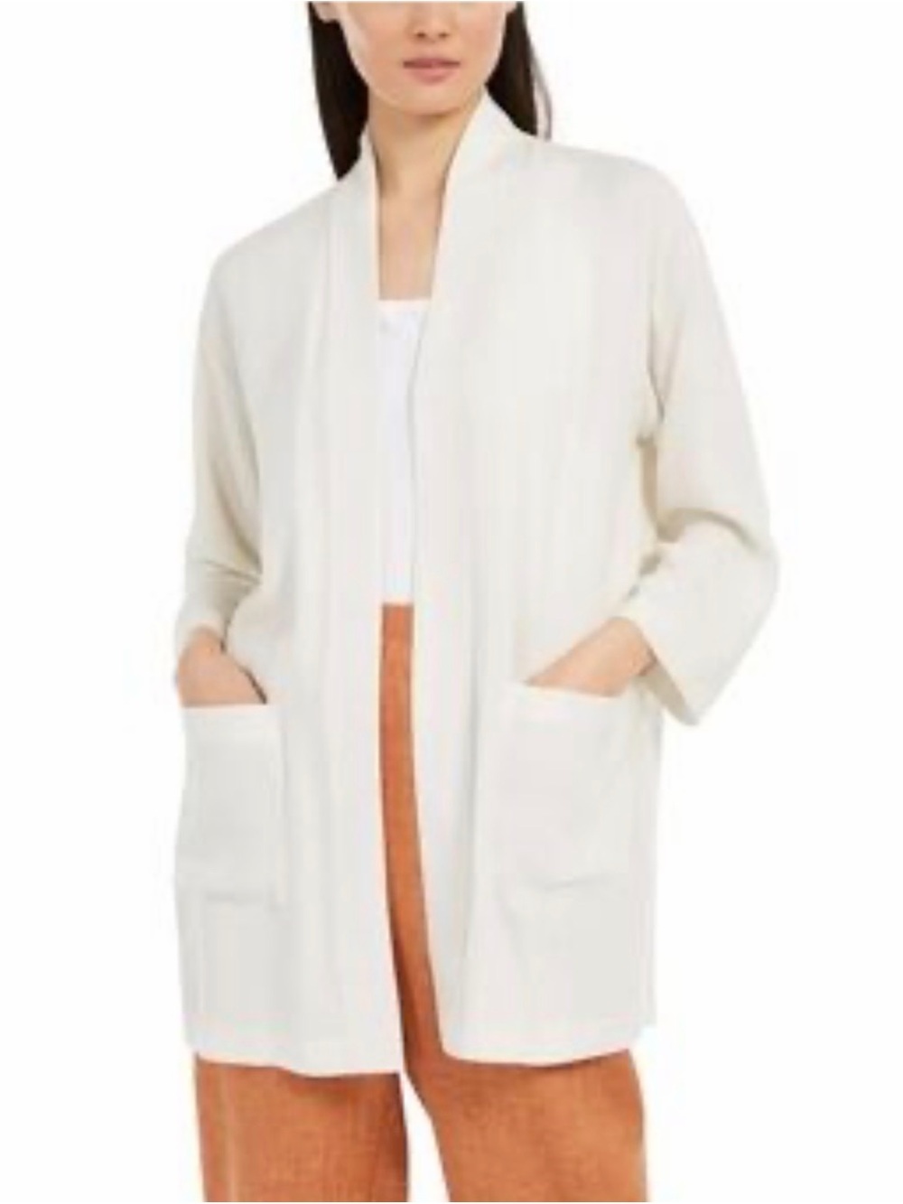 EUC Eileen Fisher Cream Open-Front Pocket Cardigan Organic Cotton